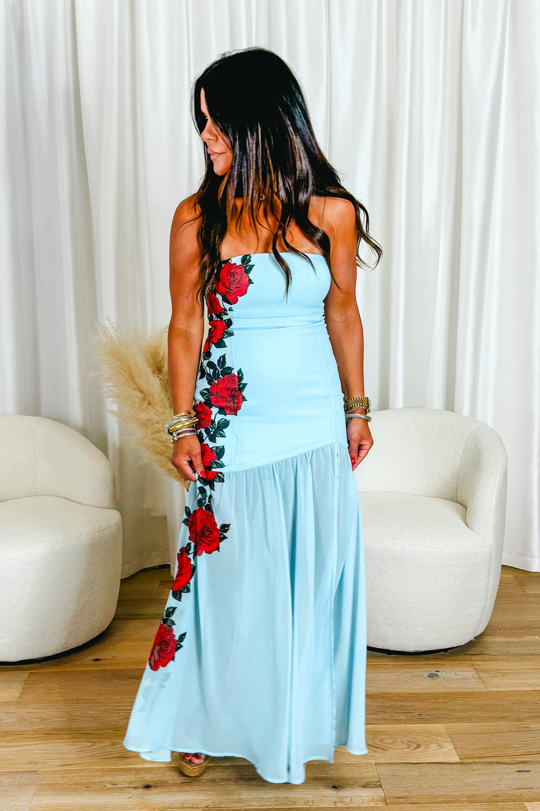 Andie Red Rose Strapless Maxi Dress